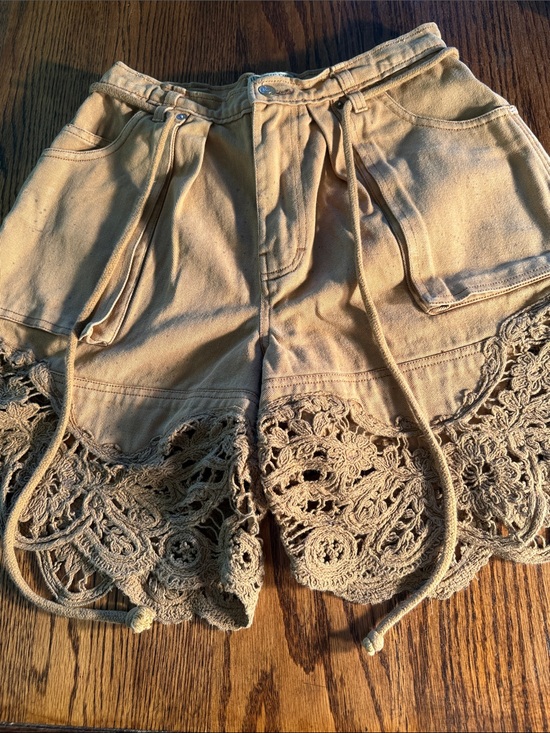 Free People Pants - We The Free Boho Crochet Hem Utility Shorts Tan Drawstring Festival 26